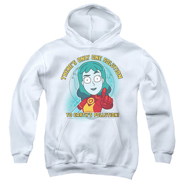 White youth hoodie for ages 8 to 12 with Rick and Morty Planetina graphic