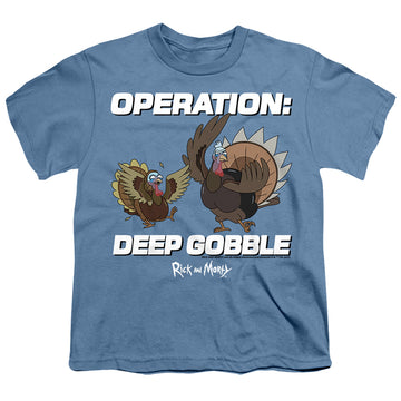 Carolina blue youth t-shirt for ages 8 to 12 with Rick and Morty Operation Deep Gobble graphic