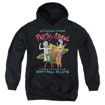 Black youth hoodie for ages 8 to 12 with Rick and Morty Apocalypse Party Crawl graphic