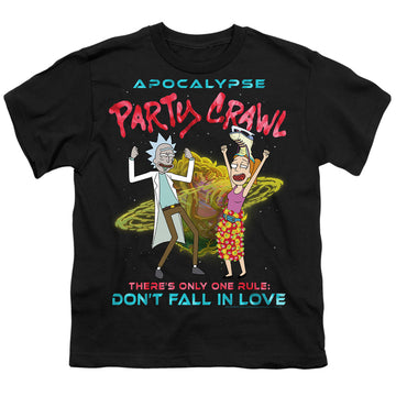 Black youth t-shirt for ages 8 to 12 with Rick and Morty Apocalypse Party Crawl graphic