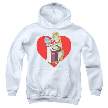 White youth hoodie for ages 8 to 12 with Rick and Morty Rick And Horse Kiss graphic