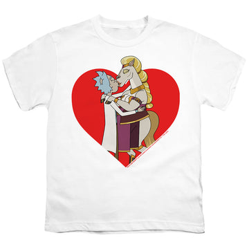 White youth t-shirt for ages 8 to 12 with Rick and Morty Rick And Horse Kiss graphic