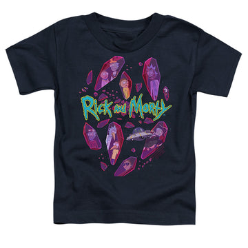 Navy toddler t-shirt with Rick and Morty Death Crystal Futures graphic