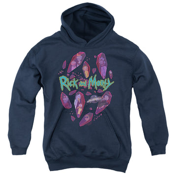 Navy youth hoodie for ages 8 to 12 with Rick and Morty Death Crystal Futures graphic