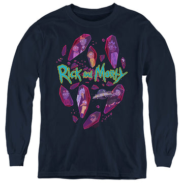 Navy youth long sleeve t-shirt with Rick and Morty Death Crystal Futures graphic
