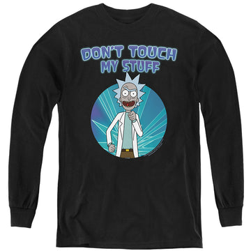 Black youth long sleeve t-shirt with Rick and Morty Don't Touch graphic