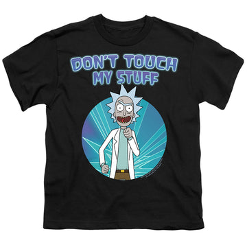 Black youth t-shirt for ages 8 to 12 with Rick and Morty Don't Touch graphic