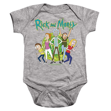 Athletic heather baby bodysuit with Rick and Morty Family Fights Together graphic