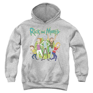 Athletic heather youth hoodie for ages 8 to 12 with Rick and Morty Family Fights Together graphic