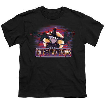 Black youth t-shirt for ages 8 to 12 with Rick and Morty Rick And Two Crows graphic