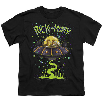Black youth t-shirt for ages 8 to 12 with Rick and Morty Ufo graphic