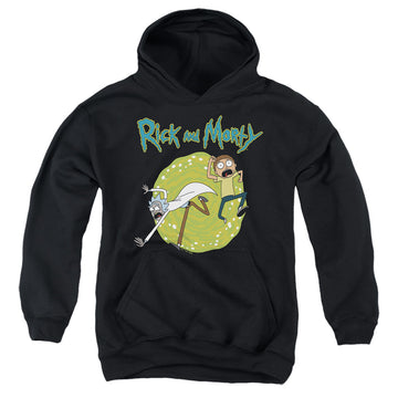 Black youth hoodie for ages 8 to 12 with Rick and Morty Portal graphic