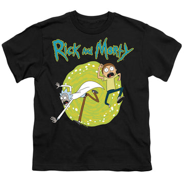 Black youth t-shirt for ages 8 to 12 with Rick and Morty Portal graphic