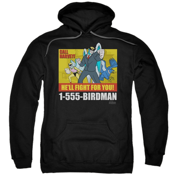 Black pullover hoodie with Harvey Birdman Birdman Ad graphic