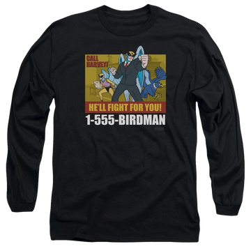 Black men's long sleeve t-shirt with Harvey Birdman Birdman Ad graphic