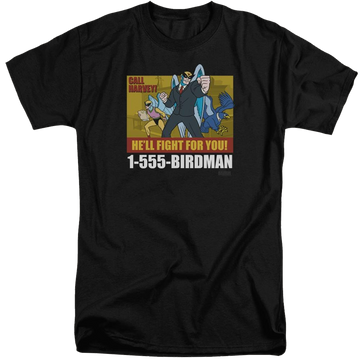 Black men's tall fit t-shirt with Harvey Birdman Birdman Ad graphic
