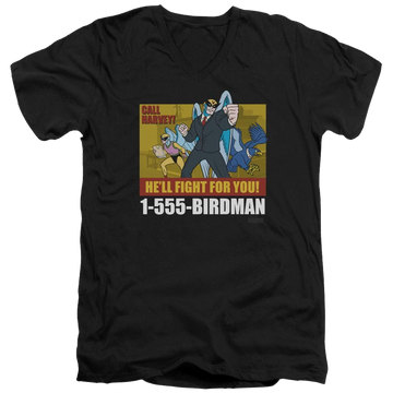 Black men's v-neck t-shirt with Harvey Birdman Birdman Ad graphic