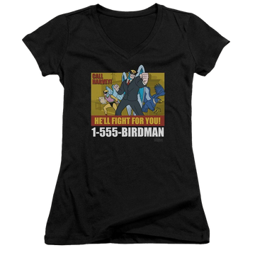 Black juniors v-neck t-shirt with Harvey Birdman Birdman Ad graphic