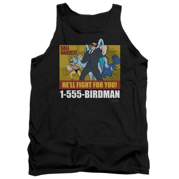 Black men's tank with Harvey Birdman Birdman Ad graphic