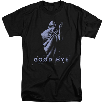 Black men's tall fit t-shirt with Hasbro Ouija Board Good Bye graphic