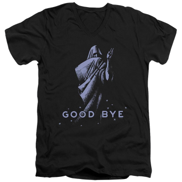 Black men's v-neck t-shirt with Hasbro Ouija Board Good Bye graphic