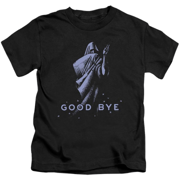 Black kid's t-shirt for ages 4 to 7 with Hasbro Ouija Board Good Bye graphic