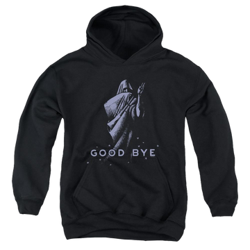 Black youth hoodie for ages 8 to 12 with Hasbro Ouija Board Good Bye graphic