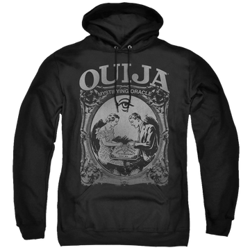 Black pullover hoodie with Hasbro Ouija Board Two Player graphic