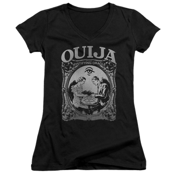 Black juniors v-neck t-shirt with Hasbro Ouija Board Two Player graphic