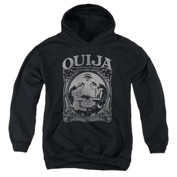 Black youth hoodie for ages 8 to 12 with Hasbro Ouija Board Two Player graphic