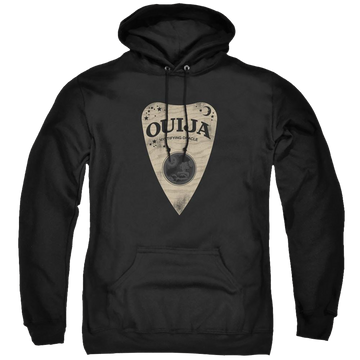 Black pullover hoodie with Hasbro Ouija Board Planchette graphic