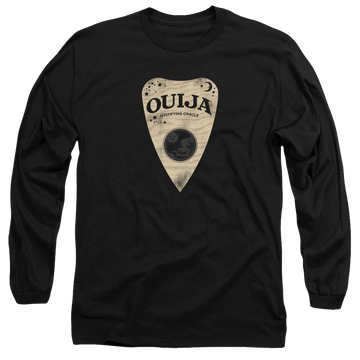 Black men's long sleeve t-shirt with Hasbro Ouija Board Planchette graphic