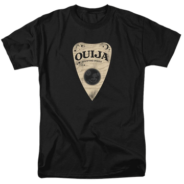 Black men's regular fit t-shirt with Hasbro Ouija Board Planchette graphic