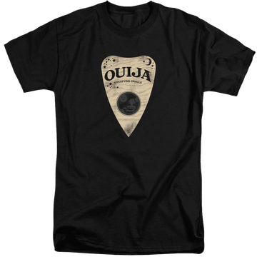 Black men's tall fit t-shirt with Hasbro Ouija Board Planchette graphic