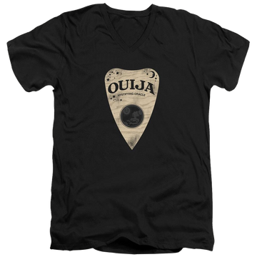Black men's v-neck t-shirt with Hasbro Ouija Board Planchette graphic