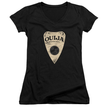 Black juniors v-neck t-shirt with Hasbro Ouija Board Planchette graphic