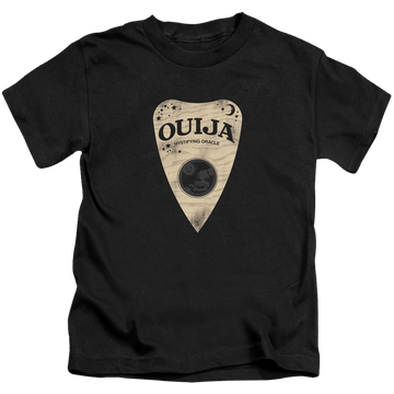 Black kid's t-shirt for ages 4 to 7 with Hasbro Ouija Board Planchette graphic