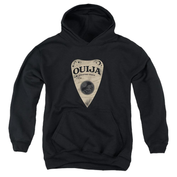 Black youth hoodie for ages 8 to 12 with Hasbro Ouija Board Planchette graphic