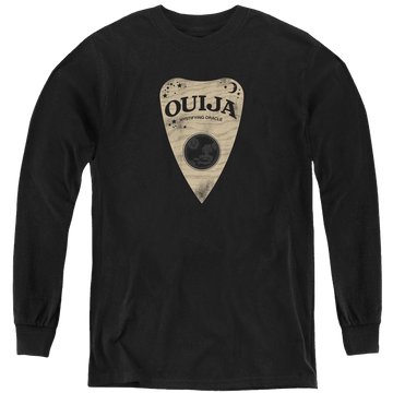 Black youth long sleeve t-shirt with Hasbro Ouija Board Planchette graphic
