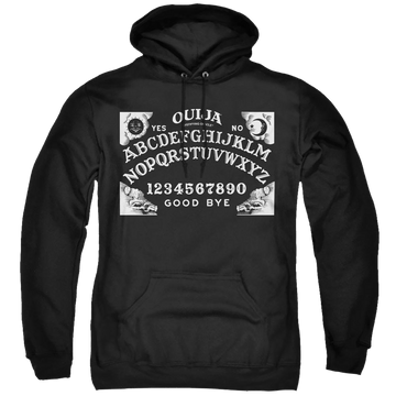 Black pullover hoodie with Hasbro Ouija Board On Black graphic