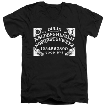 Black men's v-neck t-shirt with Hasbro Ouija Board On Black graphic