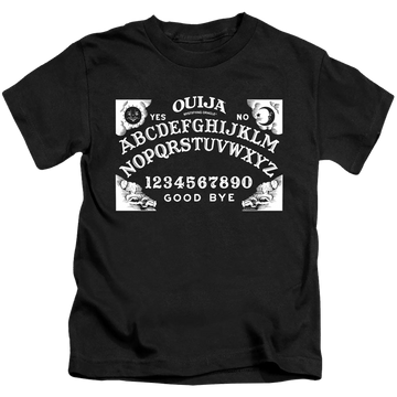 Black kid's t-shirt for ages 4 to 7 with Hasbro Ouija Board On Black graphic