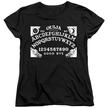 Black women's t-shirt with Hasbro Ouija Board On Black graphic
