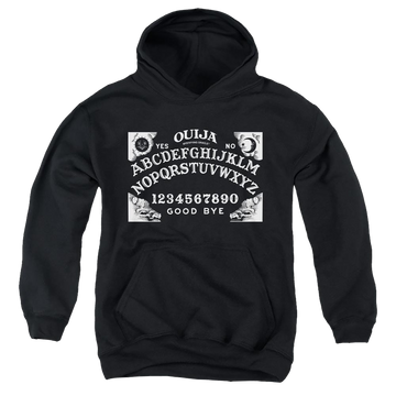 Black youth hoodie for ages 8 to 12 with Hasbro Ouija Board On Black graphic