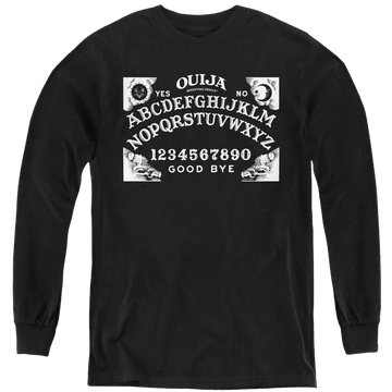 Black youth long sleeve t-shirt with Hasbro Ouija Board On Black graphic