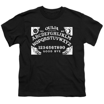 Black youth t-shirt for ages 8 to 12 with Hasbro Ouija Board On Black graphic