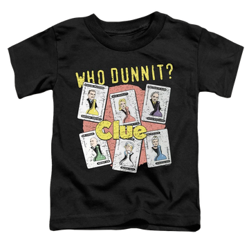 Black toddler t-shirt with Hasbro Gaming Clue Who Dunnit graphic