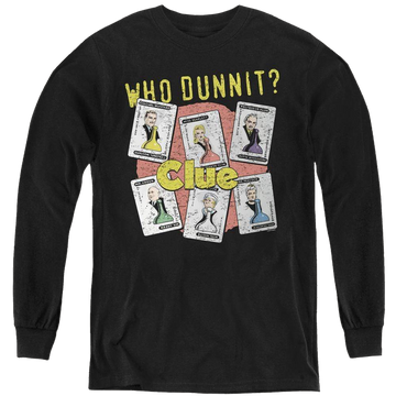 Black youth long sleeve t-shirt with Hasbro Gaming Clue Who Dunnit graphic