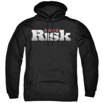 Black pullover hoodie with Hasbro Risk Logo graphic