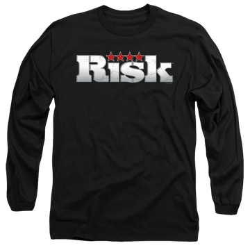 Black men's long sleeve t-shirt with Hasbro Risk Logo graphic